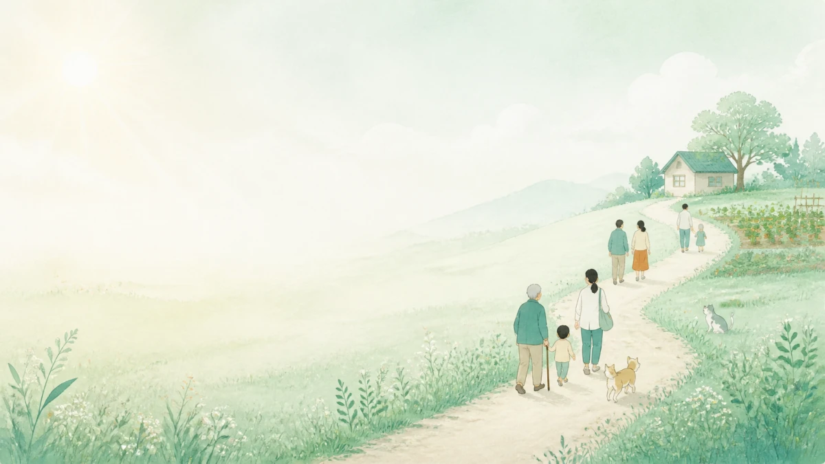朝の光の中、野原の一本道を歩く家族と犬猫の水彩イラスト
